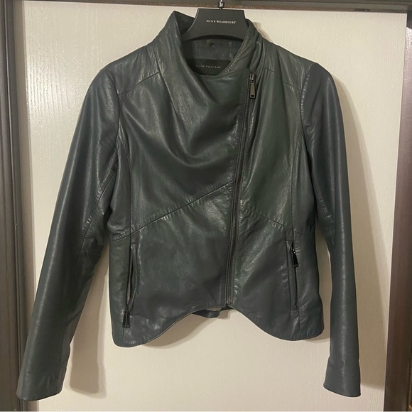 Elie Tahari Leather shirt jacket in grey - Picture 2 of 7